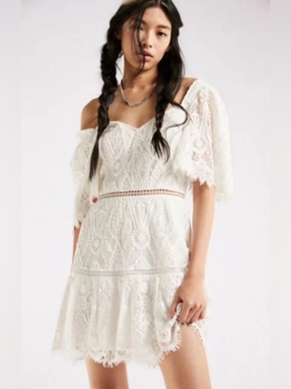 SAYLOR Mini Dress White Lace Tiered M Zuzanna sold by Free People
